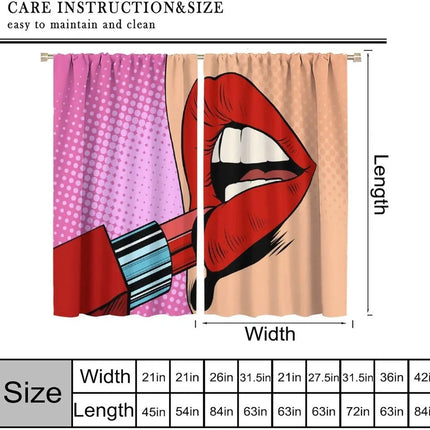 Lips Curtains, Retro Comic Pop Art Girl Applying Red Lipstick Makeup Concept Halftone Background Blackout Rod Pocket Curtains
