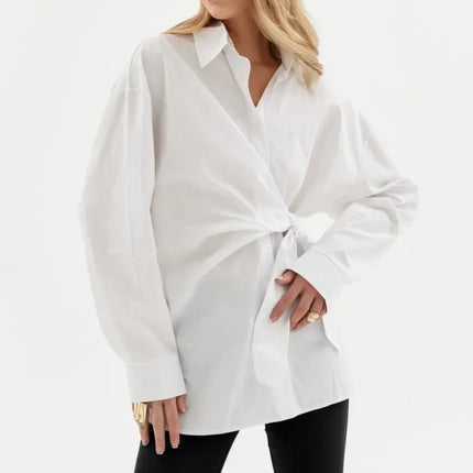 Women's New Shirt Side Waist Tie Slim Fit Casual Long Sleeve Solid Shirt 2026 New Collection Autumn Fashion Loose Ropa Mujer