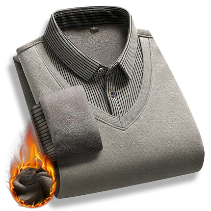 Winter Warm Thick Pullovers Men Polo Neck Fake Two Pieces Sweaters Fashion Casual Striped Fleece Lined Jumper Knitting Sweaters