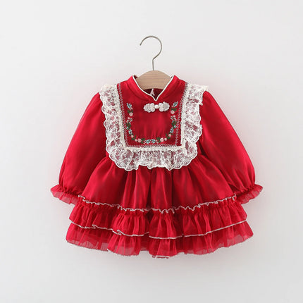 Girls' Autumn Long sleeved Lace Lace Princess Dress with Embroidered Pan Button Chinese Style Baby Dress