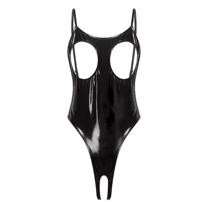 Women's Glossy Cutout Bodysuit Nightwear Hollow-out Cup Crotchless Spaghetti Straps Leotard for Rave Party Roleplay Lingerie