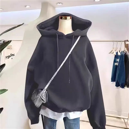 Women's Fleece Lined Hoodie Loose Fit Winter Pure Color Oversize Middle School Style American Korean Jacket Versatile Sweatshirt