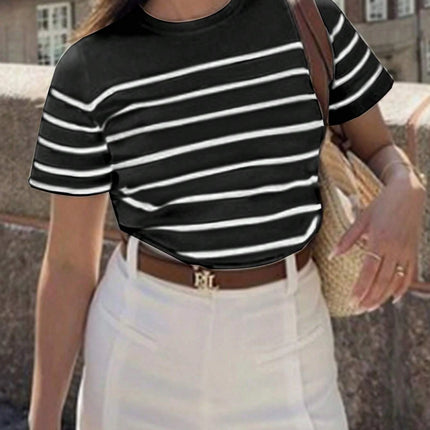 Women Striped Casual Versatile T-Shirt Graphic Tees Round Neck Loose Classic Short Sleeve Vacation Entertainment Commuter Top