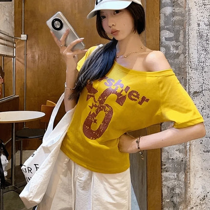 Fashion Y2k Off Shoulder Top Skew Collar Body Basic Short Sleeve Letter Print T Shirt Vintage Style