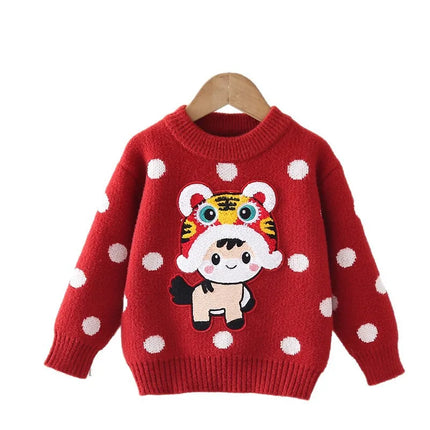 Chinese Style Element New Year Red Sweaters for Kids Girl Princess Festive Children Knitting Outertwear Flocking Clothes IY12192