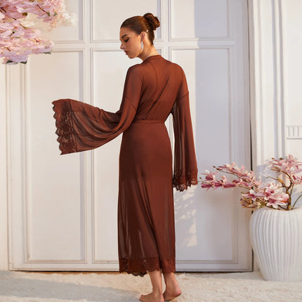 Sexy See-through Mesh Nightgown For Home Leisure Lace-up Cardigan Thin Bathrobe For Women Solid Color Dress Elegant M9ET