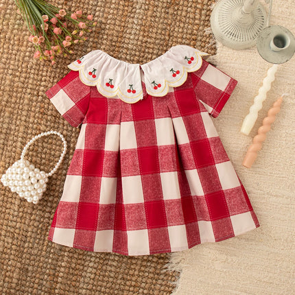 9 Months -4 Years Old Summer New Plaid Short Sleeved Baby Girl Dress, Red Cherry Petal Lapel Children'S Clothing