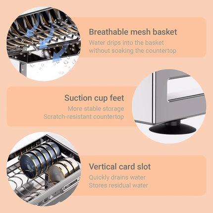 2-Tier Over The Sink Dish Drainer Drying Rack,Multifunctional 304 Stainless Steel Kitchen Countertop Organizer with Suction Cup