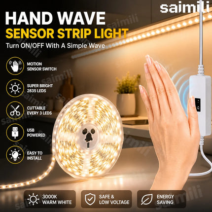 LED Strip Light With Hand Sweep Gesture Sensor Dimmable Tape Self Adhesive Lamp 5V For Cabinet Kitchen Wardrobe Home Lighting