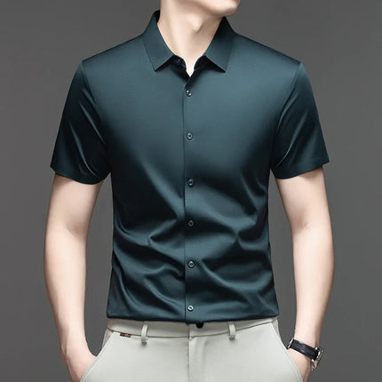 Summer Men Short Sleeve Button Up Shirt Ice Silk Casual Business Formal Shirt Breathable Wrinkle Free