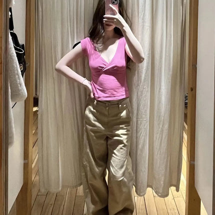 New Rose Red Slim Crop Top Woman Sexy V-neck Short Sleeve Cotton Cropped T-shirt Solid Casual Simple Sweet All-match Tee Tops