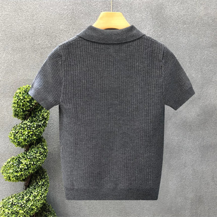 Men's Polo Neck Short Sleeve Knitted Sweater Slim Fit Summer Fashion Turn-down Collar Base Shirt Casual Style Pure Color