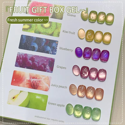 Fruit Cat Eye Nail Gel Polish With Glitter Glass Beads 6 Colors Set
