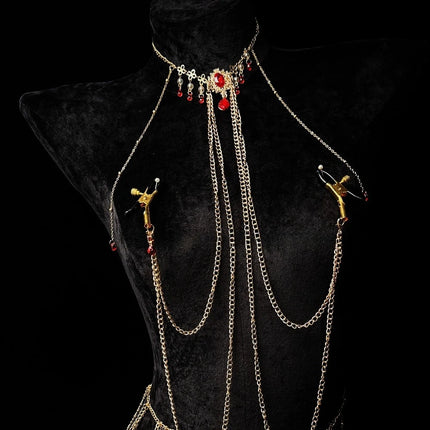 Red Gem Nipple Clamps Body Chain Integrated Sensual Body Restraint Sexy Accessories Breast Clips Bell Pendants Adult Sex Toy 18+
