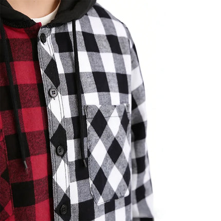 New Men Hooded Plaid Shirt Men Clothes Fashion Big Pocket Design Spring Autumn Long Sleeve Casual Shirt Tops