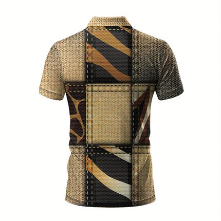 Men's Casual Short-Sleeved Polo Shirt with Retro Patchwork Pattern, Printed, Business Casual Style, Suitable for Playing Golf