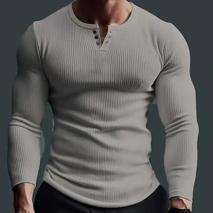 Autumn Men's Collarless Breasted Henry Shirt Top Fitness High Stretch Base Shirt Solid Color Plus Size Casual Long Sleeve