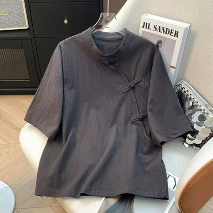Slim Fit Cotton Linen Short Sleeve Shirt Stand Collar Side Button Thin New Chinese Zen Style Tea Clothing Women Summer Shirt