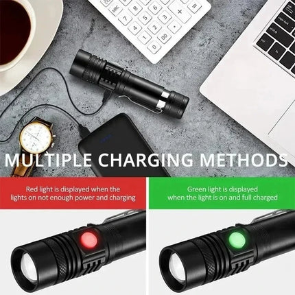 Rechargeable T6 Handheld Flashlight Use 18650 Zoom Torch Portable Cap Clamp Headlamp Pen Clip Working Light Outdoor Flashlight