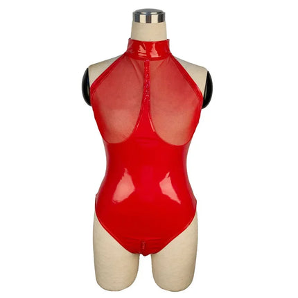 Sexy Faux Leather Catsuit PVC Latex Bodysuit Hollow out Bust Open Crotch Clubwear hot erotic Pole Dance Lingerie wetlook