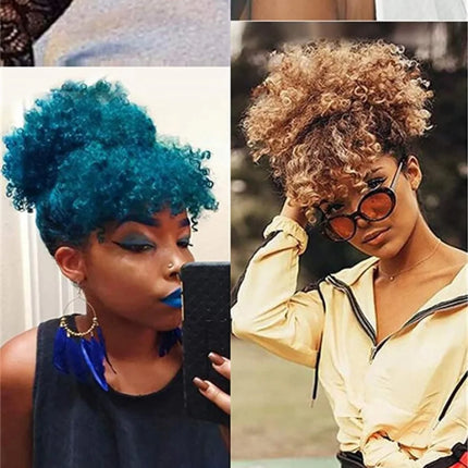Drawstring Afro Kinky Curly Puff Ponytail Hair Bun with Bangs Synthetic Mini Spring Curl Hairpiece with Clip for Black Women