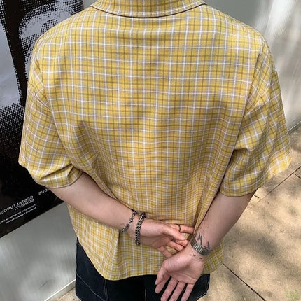 American Retro Plaid Shirt Men's Short Sleeve Summer Casual Trendy Ice Silk Men's High Fashion Brand Handsome Coat