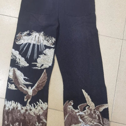 Mens Jeans Harajuku Y2K Streetwear Heavy Angel Embroidery Patchwork Washed Denim Pants Straight Leg Loose Fit Vintage New Spring