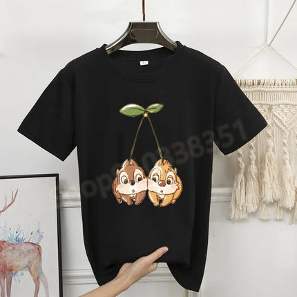 New Women's Chip And Dale Printed Casual T-shirt Street Y2k Fashion Round Neck Short Sleeve Skin-friendly Anime Oversize Clothes