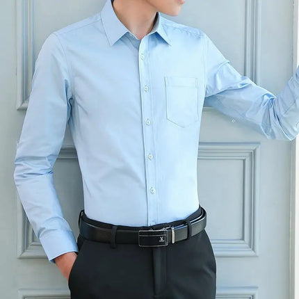 Men's Slim Fit Long Sleeve White Shirt Wedding Groomsmen Business Formal Korean Style Polyester Fiber Non-Iron Treatment