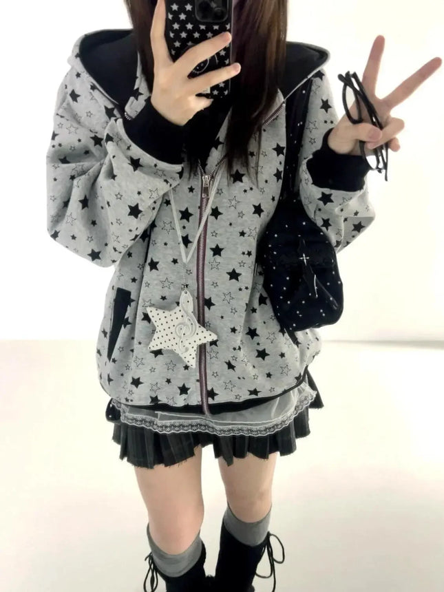 Y2K Vintage Zipper Hoodie Women Long Sleeve Subculture Purple Stripe Priint Harajuku Style Autumn Spting Casual Tops Streetwear