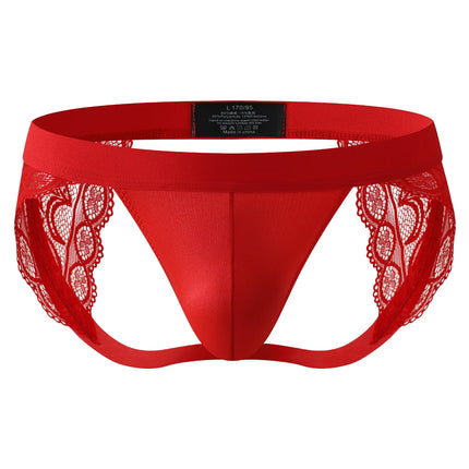 Sexy Men Lace Jockstrap Open Butt Panties Breathable Sissy Exotic Underwear G String Thong Low Waist Bulge Pouch Male Lingerie