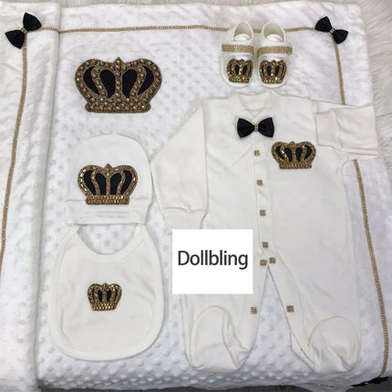 5pcs Handmade DIY Vinyl Name Personalized Baby Girl Newborn Jewels Crown Pink Take Me Home Layette 5 Piece Deluxe Gift Set