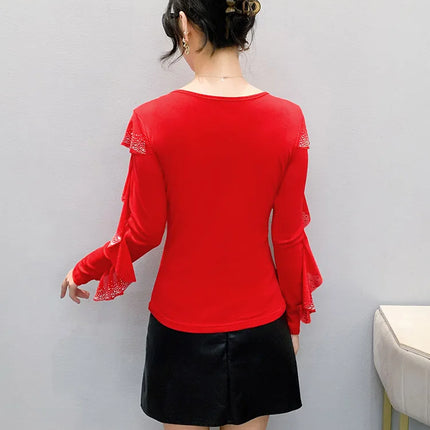 2025 Autumn New Style Mesh Tops Korean Fashion Round Neck Ruffles Shirt Lotus Leaf Edge Hot Diamond Long Sleeve Women T-Shirt
