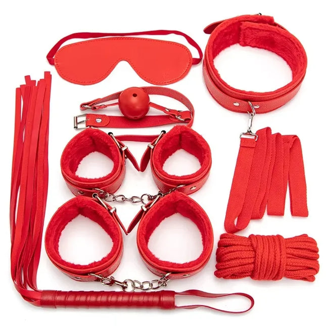 7 pieces/set of black soft PU restricted exotic slave toys suitable for women adult games restrained handcuffs sex whips