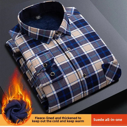 Thickened Fleece Men's Casual Shirt Warm Plaid Set Winter Wear Comfortable Breathable Fashionable Chinese Brand Clothing