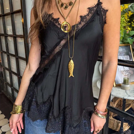 Women Lace Trim Satin Tank Top Sexy Solid V Neck Silk Camisole Top Summer Fashion Asymmetrical Backless Spaghetti Strap Camisole
