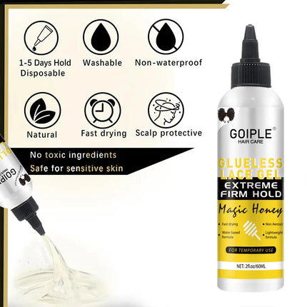 GOIPLE 2fl.oz Washable Glueless Lace Gel Extreme Hold Lightweight and Water Based Formula Non-Aerosol Adhesive for Temporary Use
