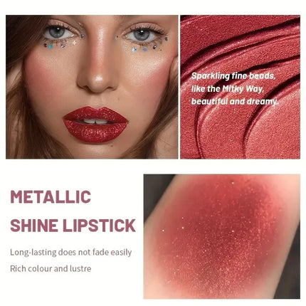 Waterproof Shimmer Lipstick, Pearlescent Long Lasting Lip Color, Moisturizing Plumping Lipstick for Glam Night Out