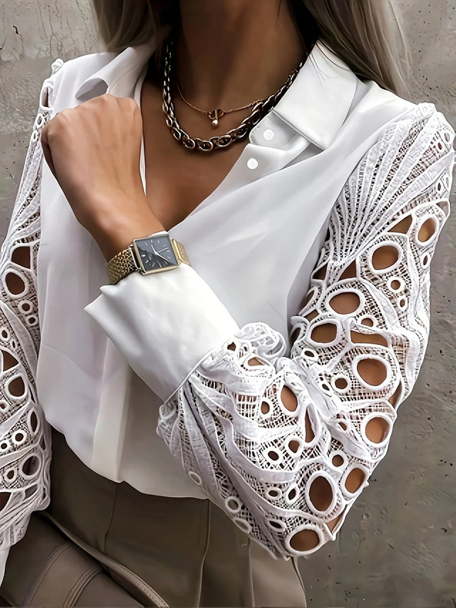 Plus Size 1XL-5XL Women's Elegant Lace Blouse Button Ladies Fashion Long Sleeve Lace Splicing Blouse Shirt