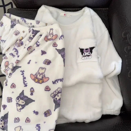 Kawaii Sanrio Hello Kitty Pajamas Cartoon Soft Plush Female Flannel Winter New Plus Velvet Thick Sweet Warm Tracksuit