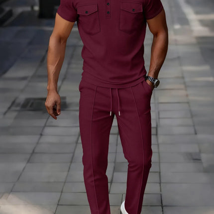 Men's Waffle Knit 2 Piece Set Double Pocket Polo Shirt & Slim Fit Pants Casual Tracksuit