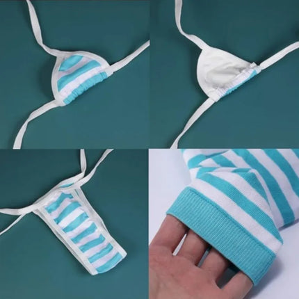 Sexy Lingerie Lolita Kawaii Blue Pink White Striped Mini Bikini Adult Cosplay Porn Women Bra Underwear Set Frenum Swimsuit