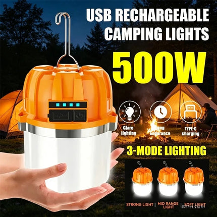 500W LED Camping Lantern USB Rechargeable Portable Lamp Bulb Flashlight with Power Display Emergency Light for Outdoors Fishing