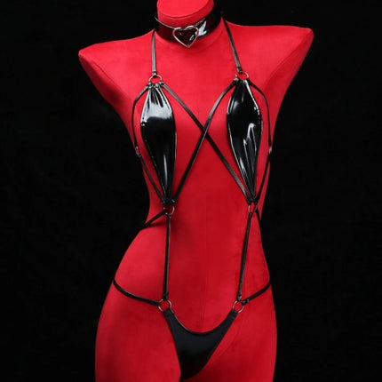 Black Patent Leather Strappy Bodysuit with Heart Choker Sexy Hollow Out Harness Lingerie Fetish Role Play Costume Wet Look Teddy