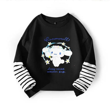 Autumn Baby Girls 100% Cotton Clothes Top Kid Sanrio Cinnamoroll Printed Long Sleeve T-shirts Children Stripe Patchwork Pullover