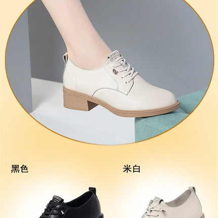 British Style Spring Autumn Women Round Heel Shoes Square Heel Lace-free Office Pumps Work Party Comfortable Soft Leather 2024