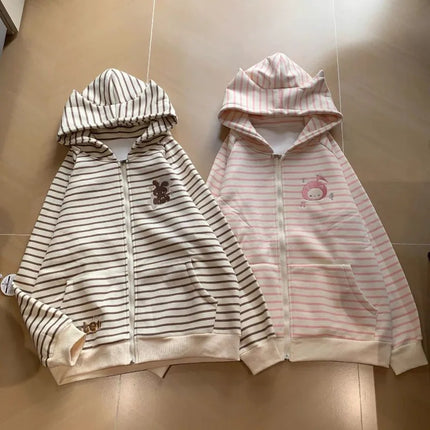 Spring New Vintage Stripe Hoodies Cute Girl Y2K Zip Up Hoodie Coat Versatile Retro Age Reducing Sweatshirt Kawaii Clothes Korean