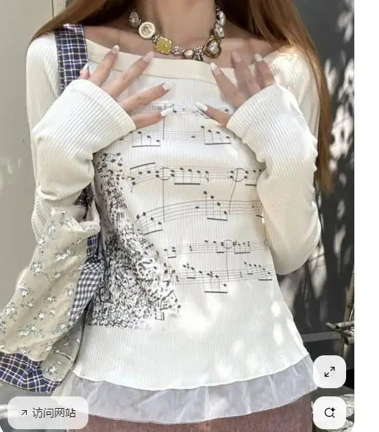 Y2K Aesthetic Fairy Off Shoulder Tops Women Long Sleeve Music Note Print Slim Fitted T-Shirt Ruffle Blouse Clothes