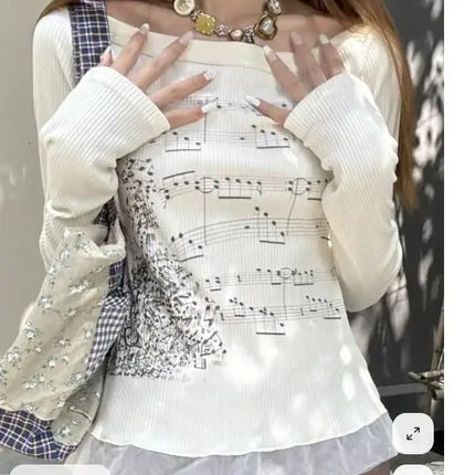 Y2K Aesthetic Fairy Off Shoulder Tops Women Long Sleeve Music Note Print Slim Fitted T-Shirt Ruffle Blouse Clothes