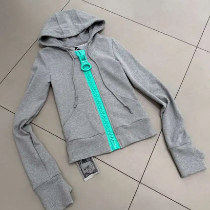 Y2K Giant Zipper Hoodie Women Streetwear Harajuku Zip Up Sweatshirt Slim Fit Long Sleeve Big O Ring Zip Jacket Coat Autumn Tops